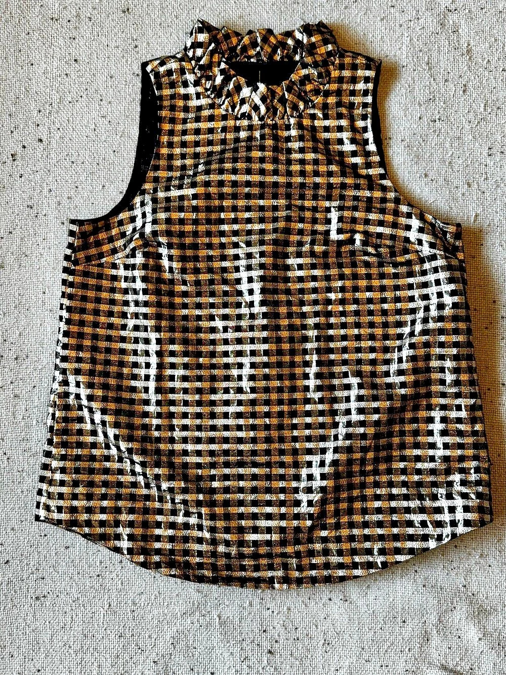 J.Crew Women’s S Metallic Plaid Ruffle Neck Sleeveless Top Black Gold Holiday AU